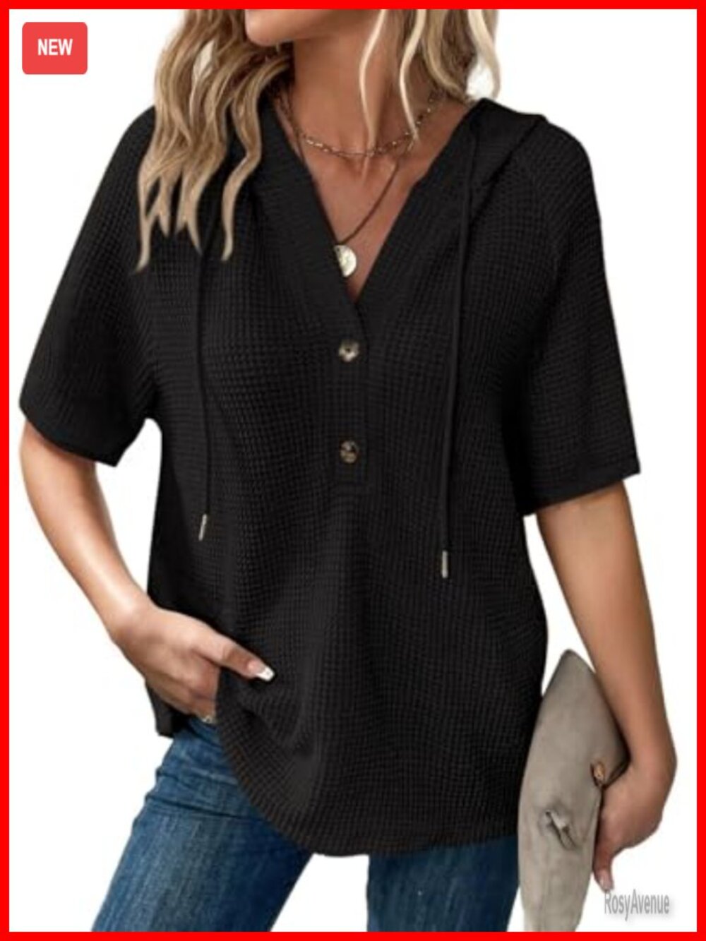 Waffle Knit Short Sleeve Drawstring Hoodie V Neck Button Casual Top